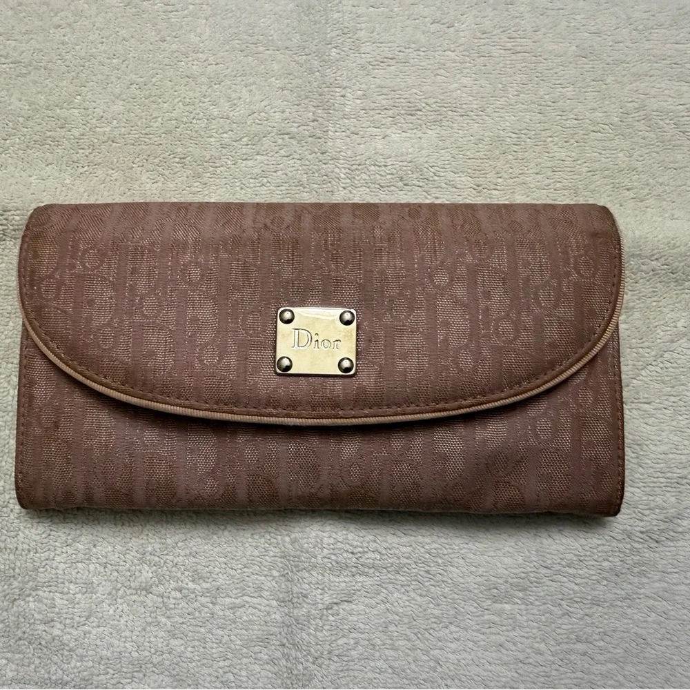 Dior Pink Brown Logo Jacquard Continental Wallet